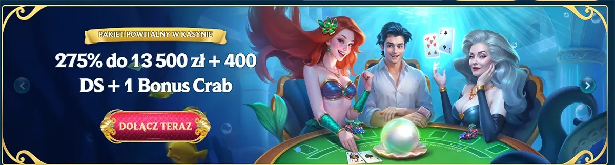 Promotional casino banner showing a welcome bonus of 275% up to 13,500 zł with free spins and a bonus crab, featuring animated players at a poker table.