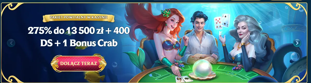 Promotional casino banner showing a welcome bonus of 275% up to 13,500 zł with free spins and a bonus crab, featuring animated players at a poker table.