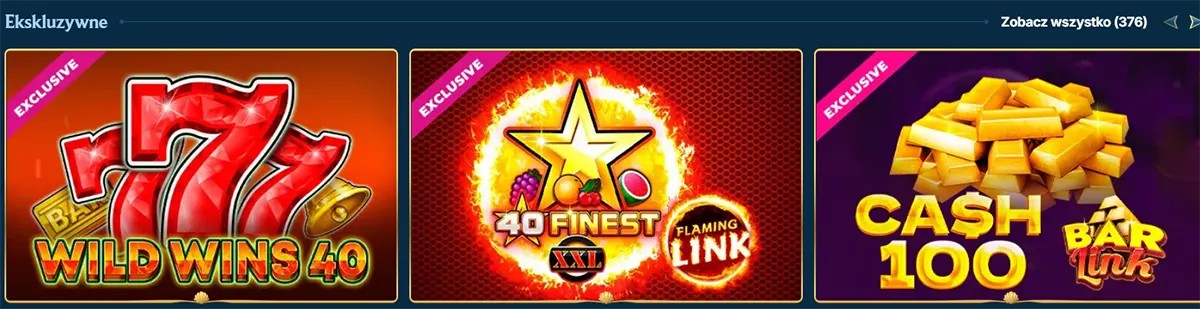 Exclusive slot game thumbnails showing Wild Wins 40, 40 Finest XXL Flaming Link, and Cash 100 Bar Link.
