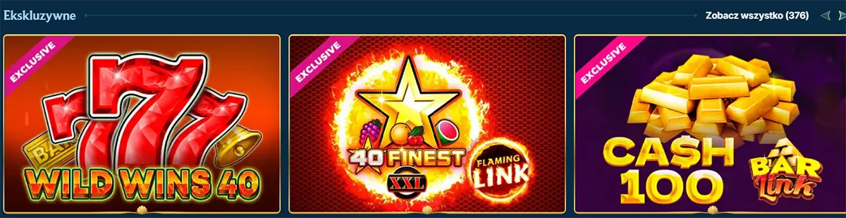 Exclusive slot game thumbnails showing Wild Wins 40, 40 Finest XXL Flaming Link, and Cash 100 Bar Link.