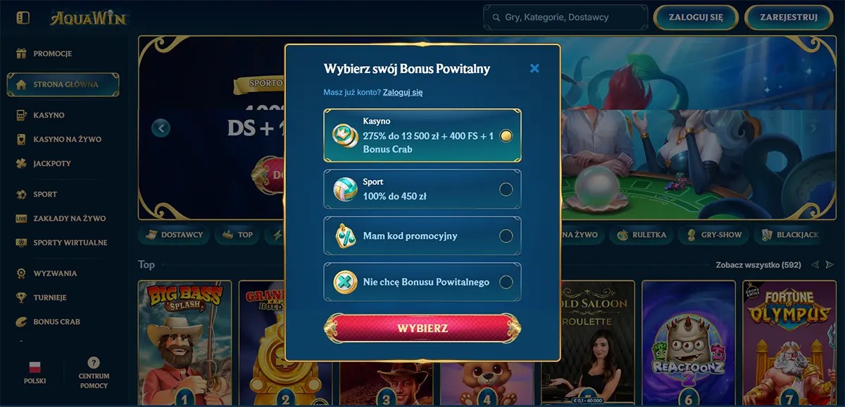 Casino welcome bonus selection popup with casino and sports bonus options.