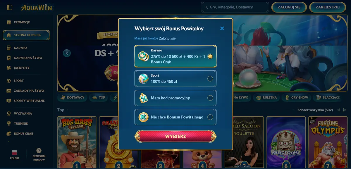 Casino welcome bonus selection popup with casino and sports bonus options.